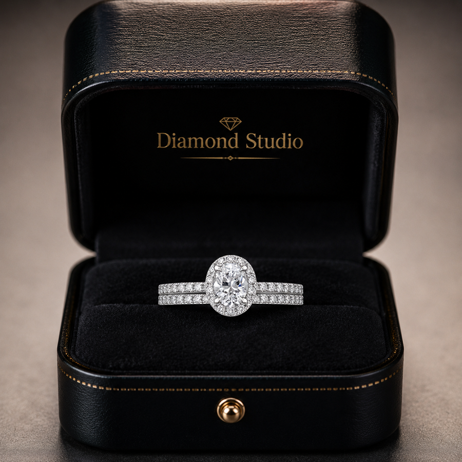 3.00 CT Waverly Lab-Grown Diamond 2PCS Halo Bridal Set in 14K White Gold – Micro Pavé Wedding Ring Design