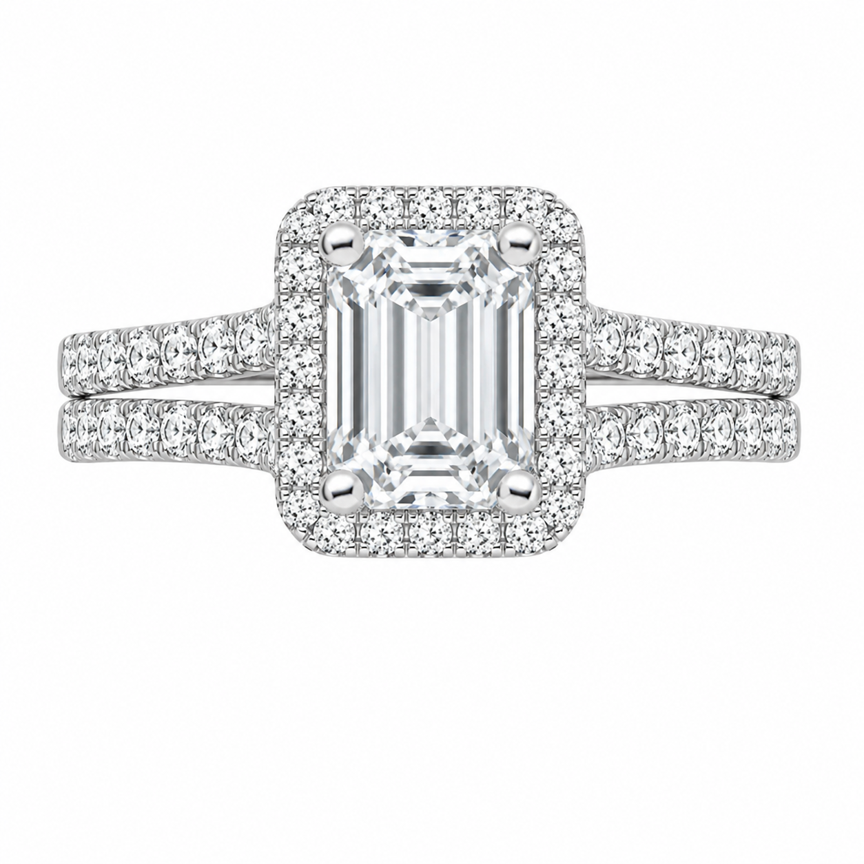 2.83 CT Joy Lab-Grown Diamond 2PCS Halo Bridal Set in 14K White Gold – Bliss Split Shank Pavé Wedding Ring Design