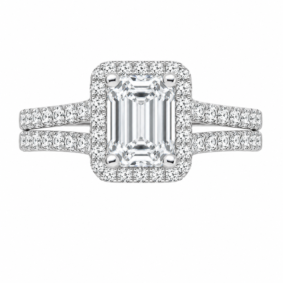 2.83 CT Joy Lab-Grown Diamond 2PCS Halo Bridal Set in 14K White Gold – Bliss Split Shank Pavé Wedding Ring Design