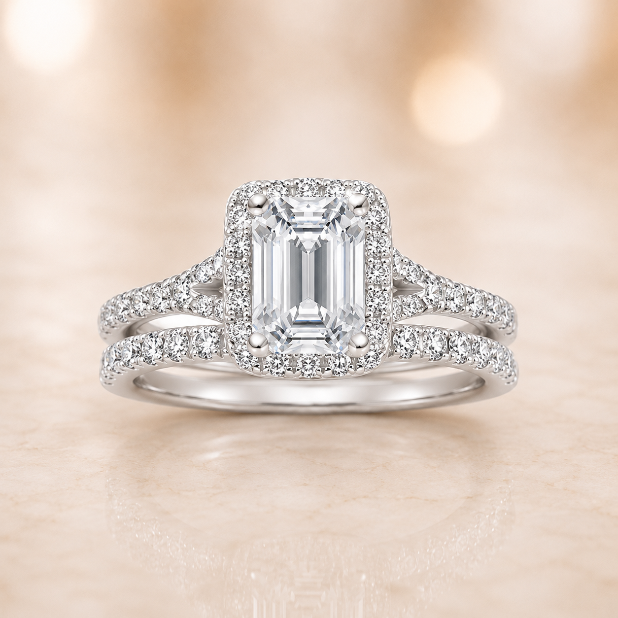 2.83 CT Joy Lab-Grown Diamond 2PCS Halo Bridal Set in 14K White Gold – Bliss Split Shank Pavé Wedding Ring Design