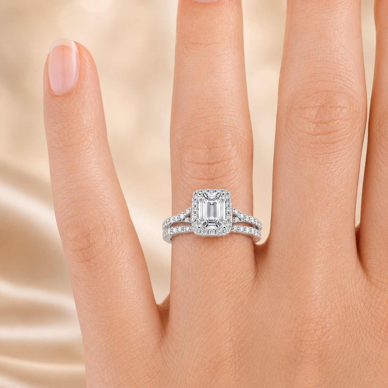 2.83 CT Joy Lab-Grown Diamond 2PCS Halo Bridal Set in 14K White Gold – Bliss Split Shank Pavé Wedding Ring Design