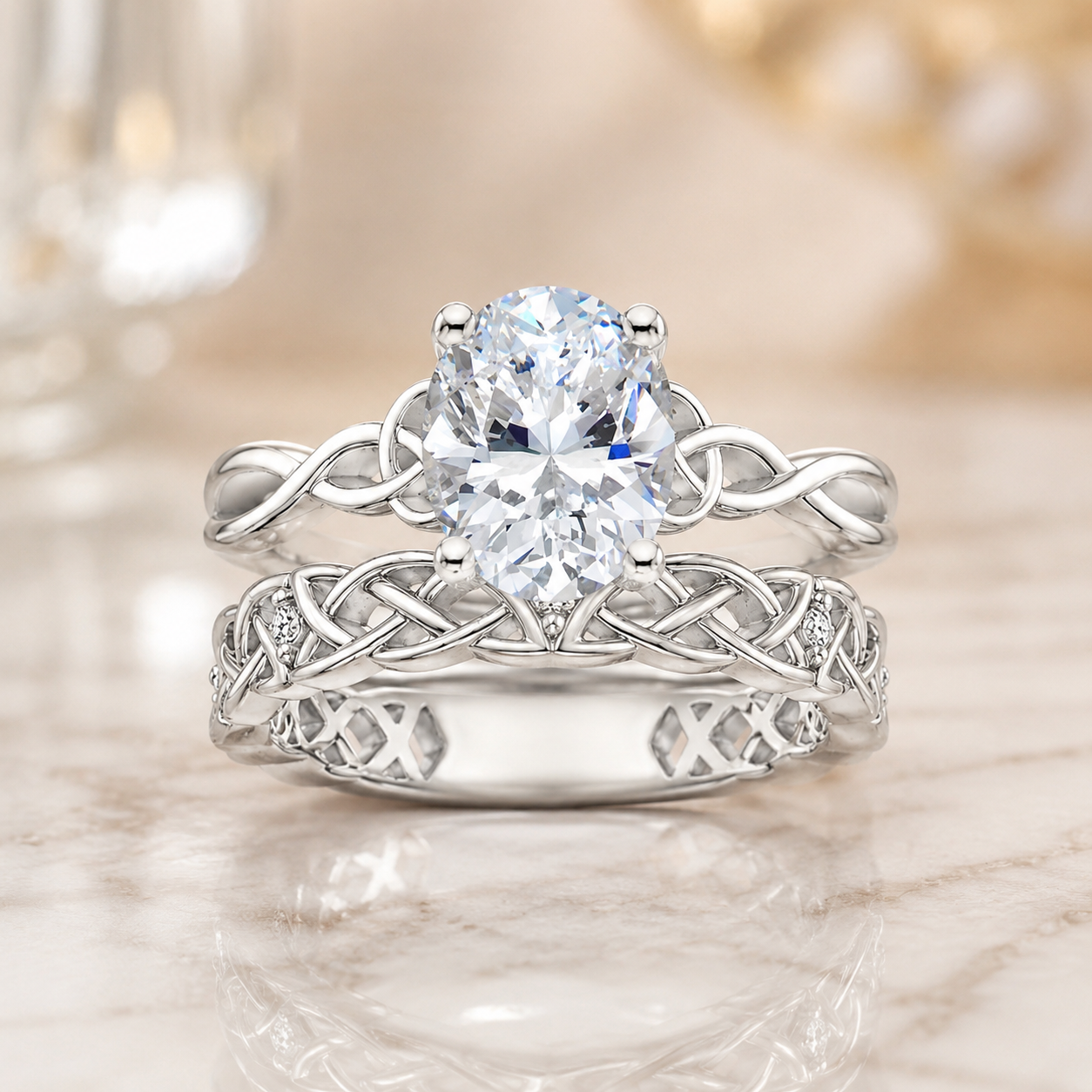 2.15 CT Entwined Celtic Love Knot Lab-Grown Diamond 2PCS Bridal Set in 14K White Gold – Everlasting Knot Wedding Ring Design