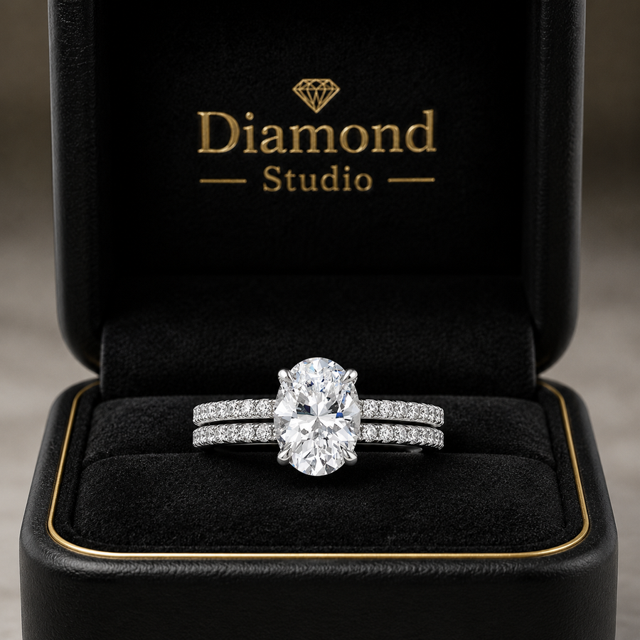 1.50 CT Demi Oval Lab-Grown Diamond 2PCS Hidden Halo Bridal Set in 14K White Gold – Luxe Ballad Solitaire Wedding Design