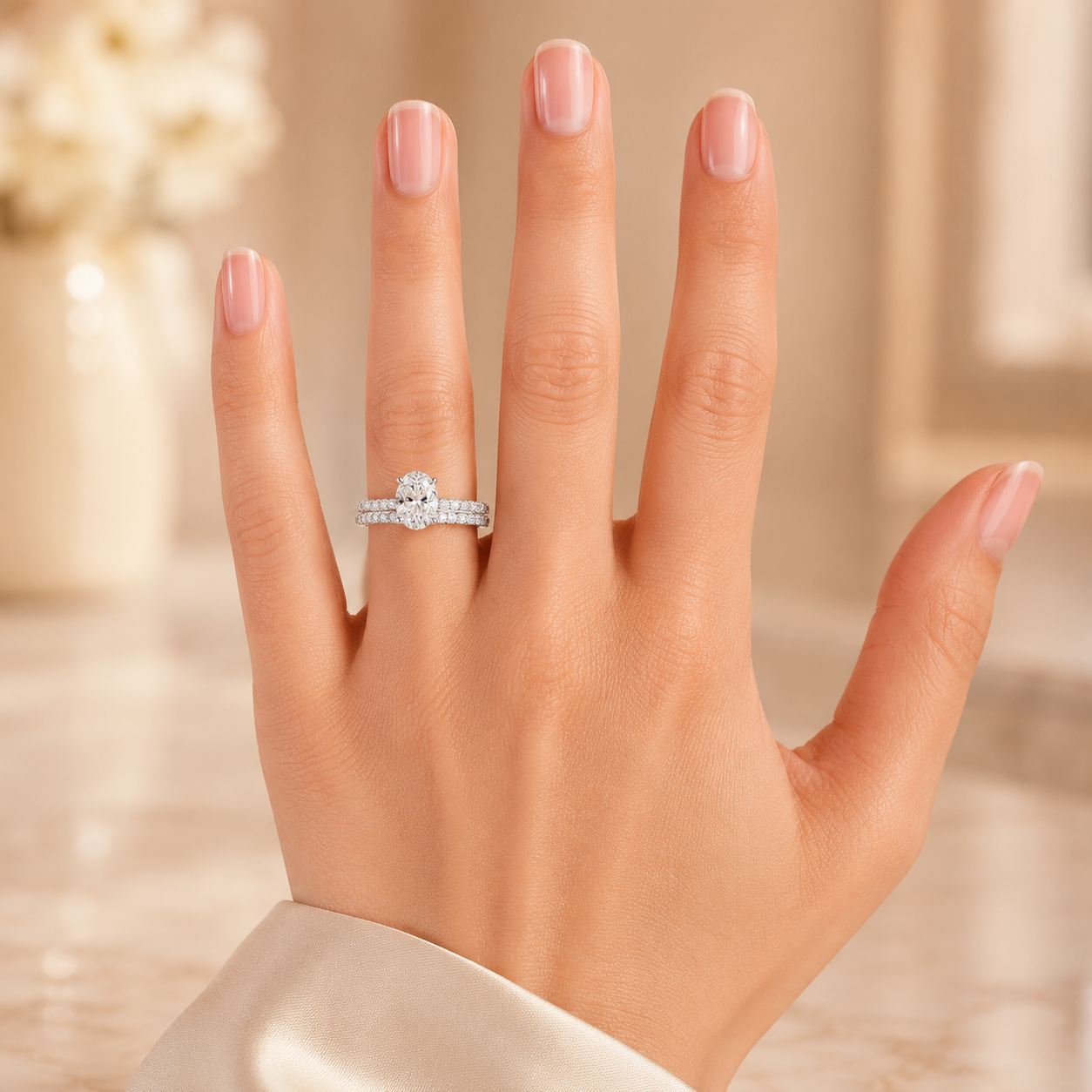 1.50 CT Demi Oval Lab-Grown Diamond 2PCS Hidden Halo Bridal Set in 14K White Gold – Luxe Ballad Solitaire Wedding Design