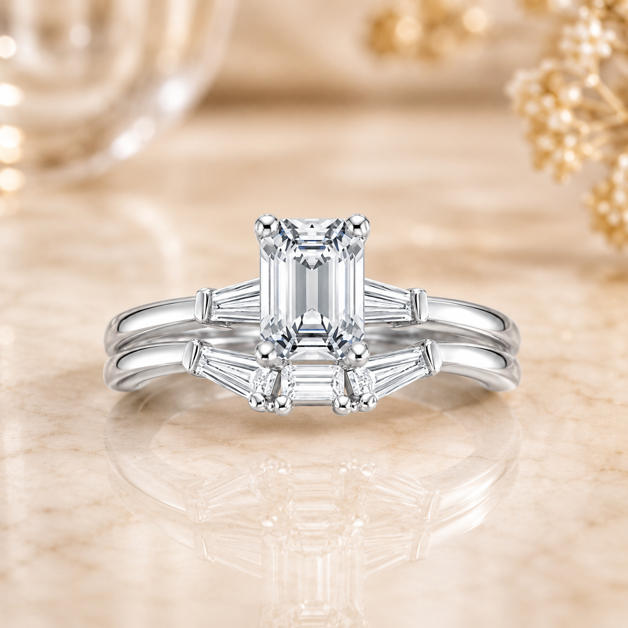 2.30 CT Tapered Baguette Lab-Grown Diamond 2PCS Bridal Set in 14K White Gold – Bar-Set Elegant Wedding Ring Design