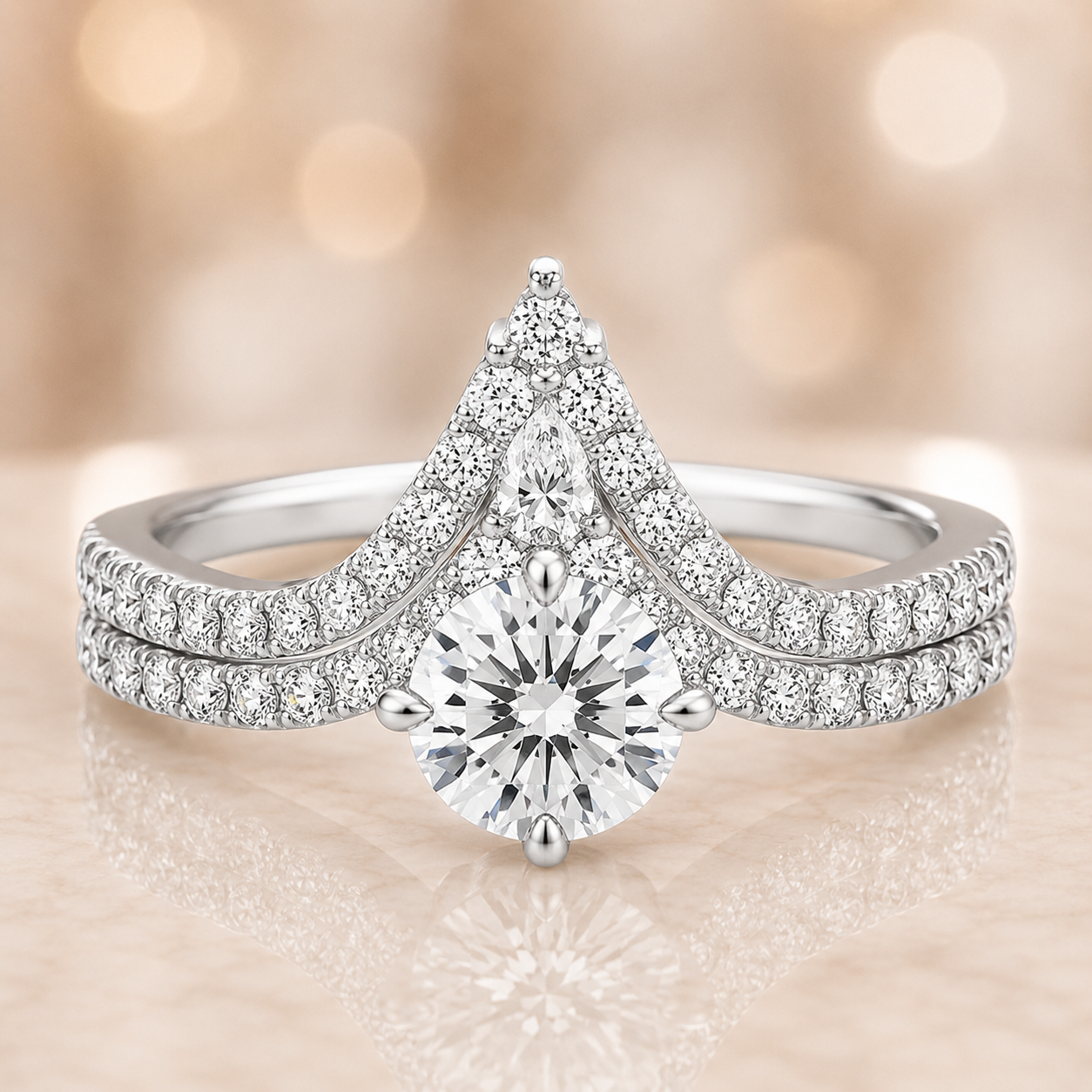 2.50 CT Nouveau Lab-Grown Diamond 2PCS Bridal Set in 14K White Gold – Art Nouveau Chevron Pavé Wedding Ring Design