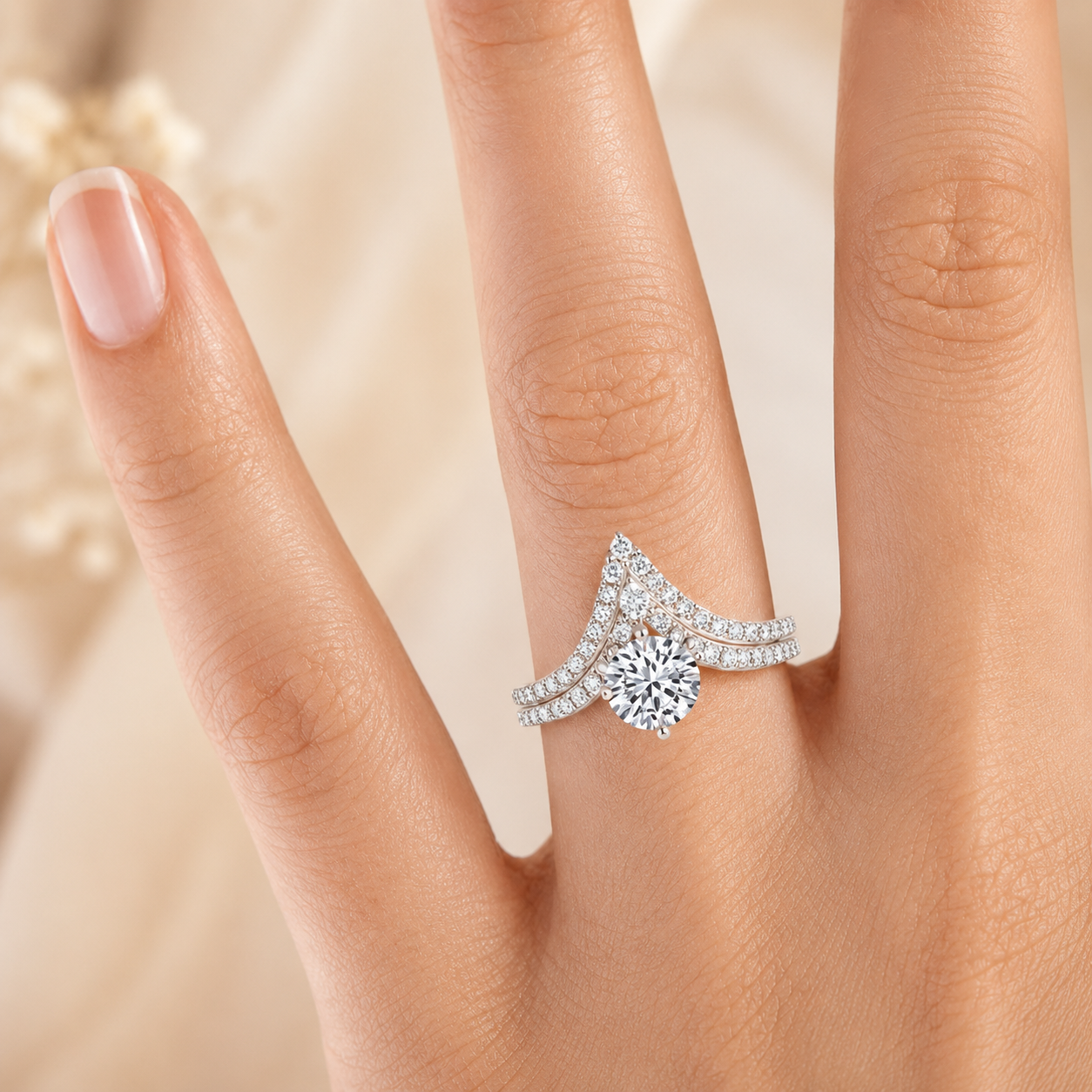 2.50 CT Nouveau Lab-Grown Diamond 2PCS Bridal Set in 14K White Gold – Art Nouveau Chevron Pavé Wedding Ring Design
