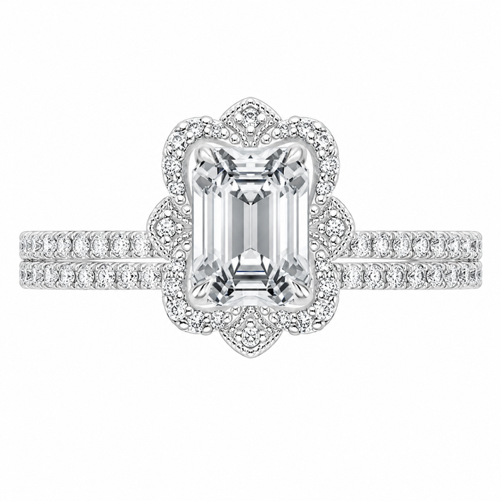 Reina 2.90 ct total weight emerald cut lab grown diamond two-piece halo bridal set in 14K white gold