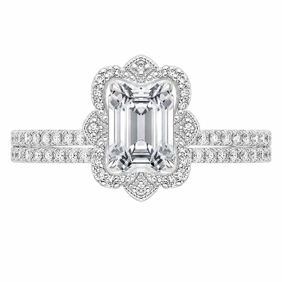 12.90 CT Reina Emerald Cut Lab-Grown Diamond 2PCS Halo Bridal Set in 14K White Gold – Luxe Ballad Matching Wedding Ring Design