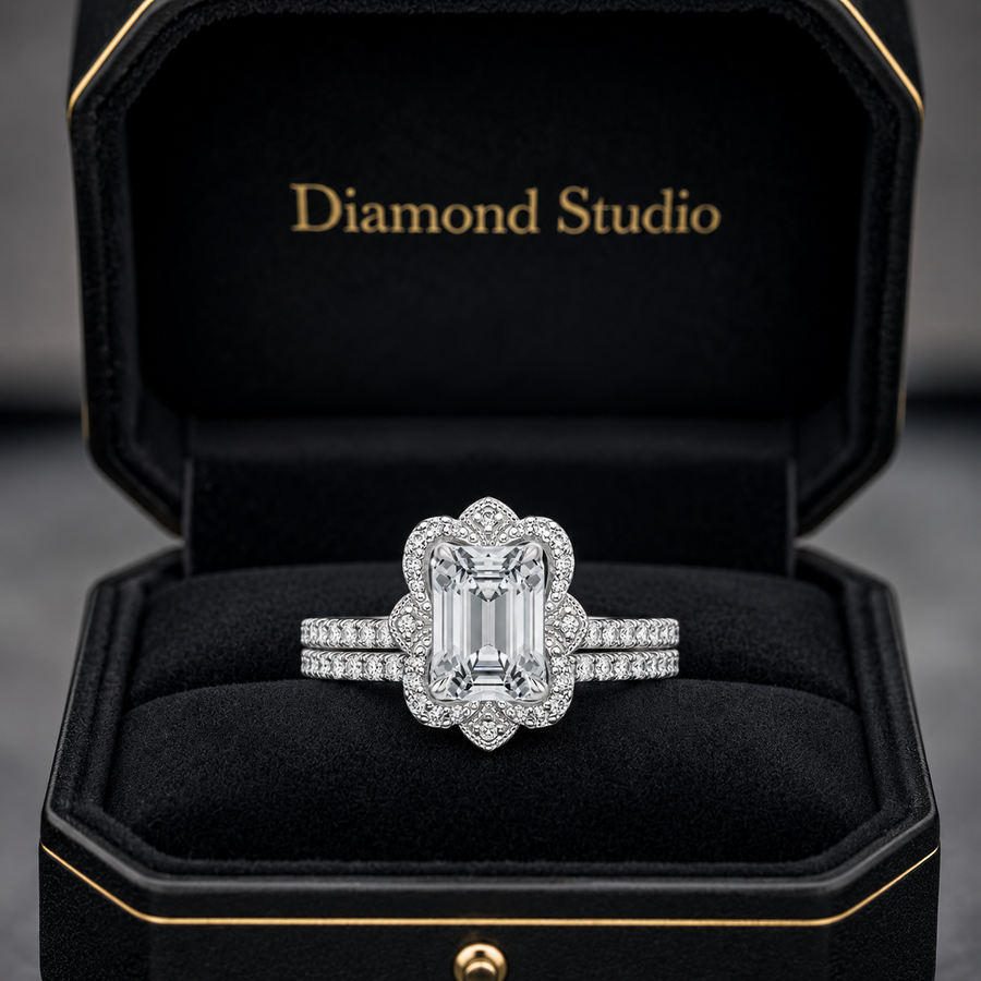 12.90 CT Reina Emerald Cut Lab-Grown Diamond 2PCS Halo Bridal Set in 14K White Gold – Luxe Ballad Matching Wedding Ring Design