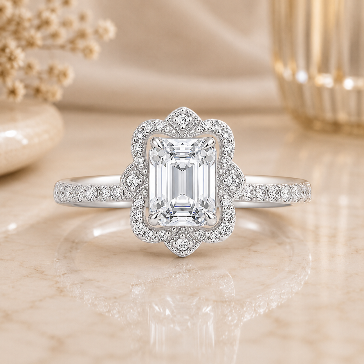 12.90 CT Reina Emerald Cut Lab-Grown Diamond 2PCS Halo Bridal Set in 14K White Gold – Luxe Ballad Matching Wedding Ring Design