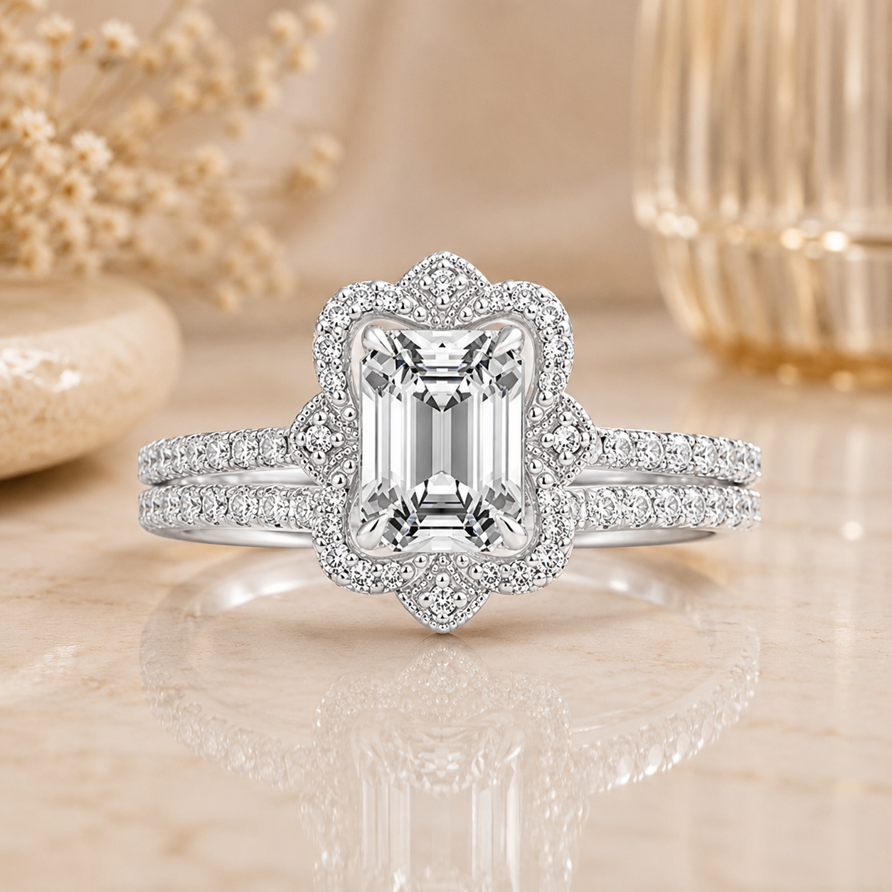 12.90 CT Reina Emerald Cut Lab-Grown Diamond 2PCS Halo Bridal Set in 14K White Gold – Luxe Ballad Matching Wedding Ring Design