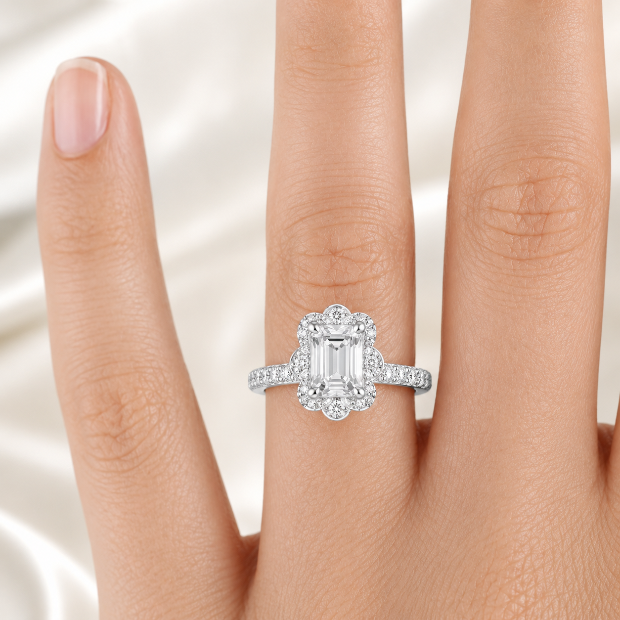 12.90 CT Reina Emerald Cut Lab-Grown Diamond 2PCS Halo Bridal Set in 14K White Gold – Luxe Ballad Matching Wedding Ring Design