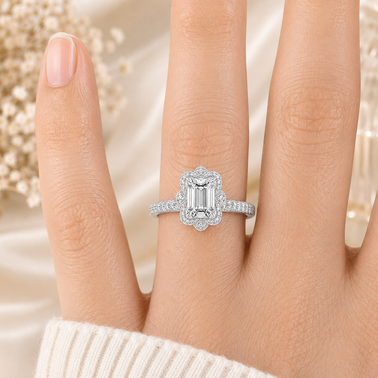 12.90 CT Reina Emerald Cut Lab-Grown Diamond 2PCS Halo Bridal Set in 14K White Gold – Luxe Ballad Matching Wedding Ring Design