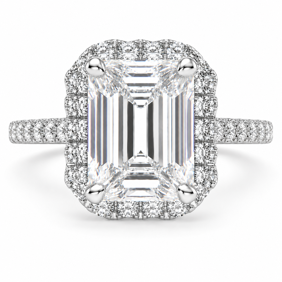 7 CT Isadora Emerald Cut Lab-Grown Diamond Halo Pavé Engagement Ring
