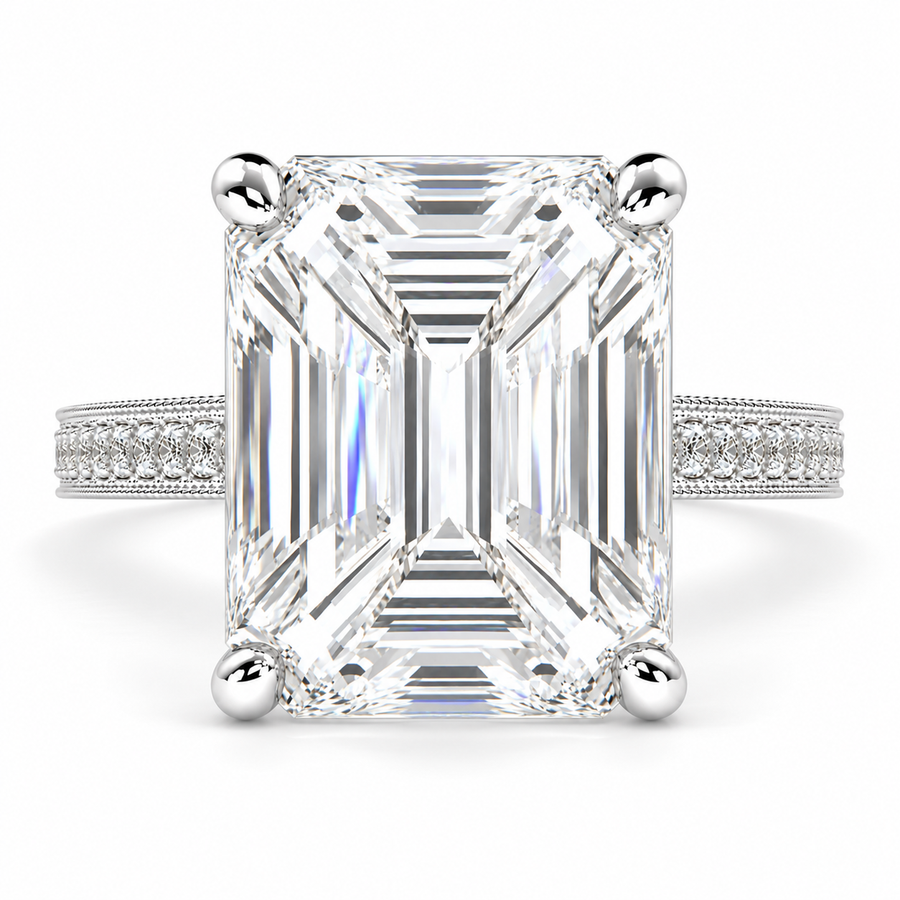 7 CT Martina Emerald Cut Lab-Grown Diamond Pavé Engagement Ring