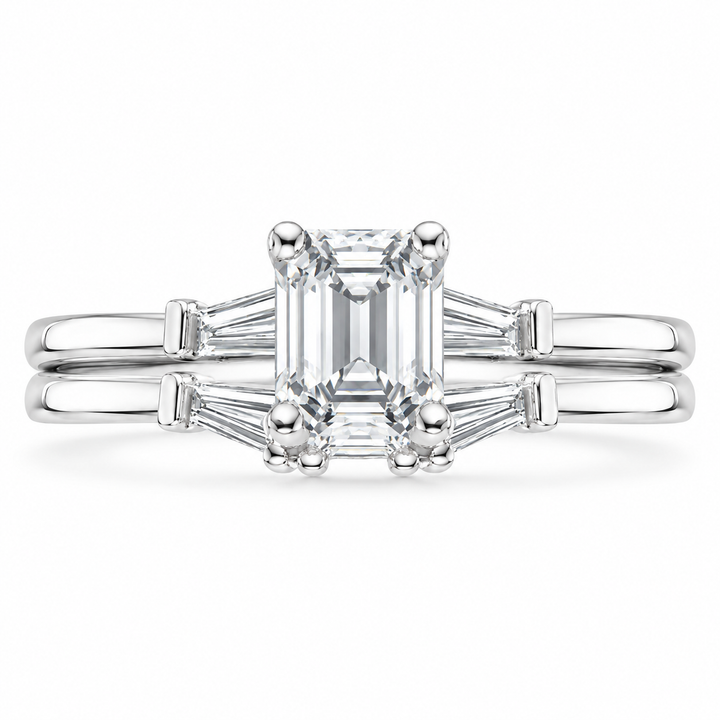 4 CT Emerald Cut Lab-Grown Diamond Tapered Baguette 2PCS Bridal Set in 14K White Gold – Bar-Set Elegant Wedding Ring Design