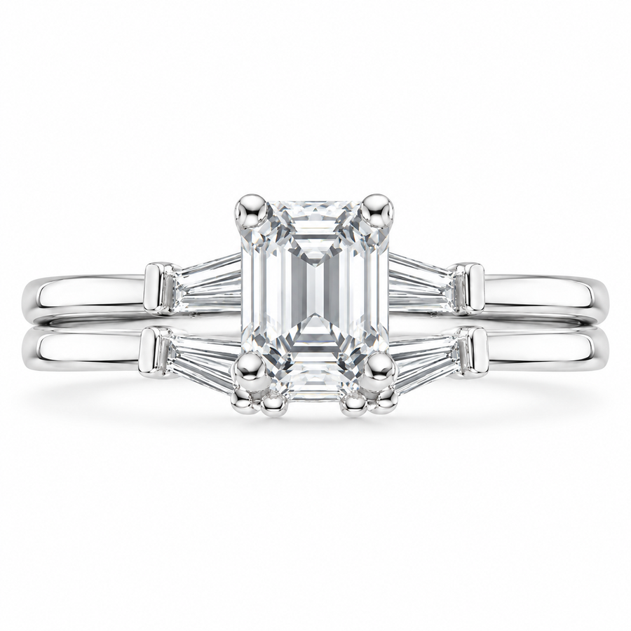 4 CT Emerald Cut Lab-Grown Diamond Tapered Baguette 2PCS Bridal Set in 14K White Gold – Bar-Set Elegant Wedding Ring Design