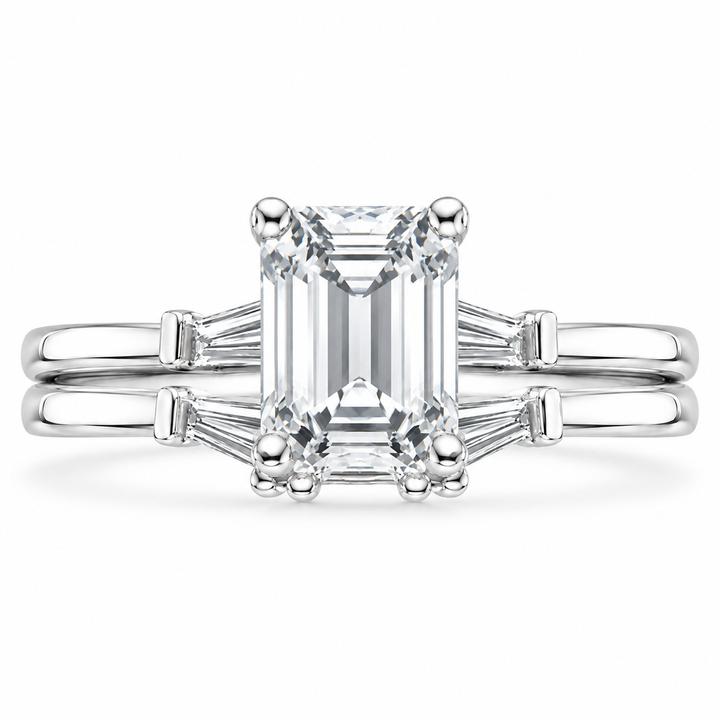 5 CT Emerald Cut Lab-Grown Diamond Tapered Baguette 2PCS Bridal Set in 14K White Gold – Bar-Set Elegant Wedding Ring Design