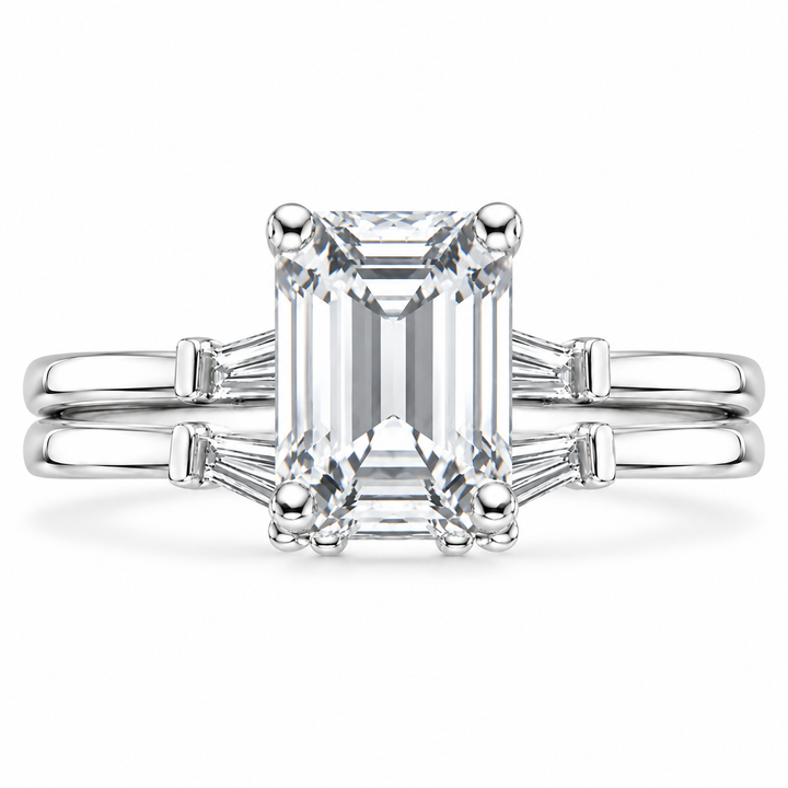 6 CT Emerald Cut Lab-Grown Diamond Tapered Baguette 2PCS Bridal Set in 14K White Gold – Bar-Set Elegant Wedding Ring Design