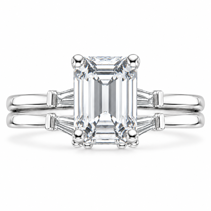 6 CT Emerald Cut Lab-Grown Diamond Tapered Baguette 2PCS Bridal Set in 14K White Gold – Bar-Set Elegant Wedding Ring Design