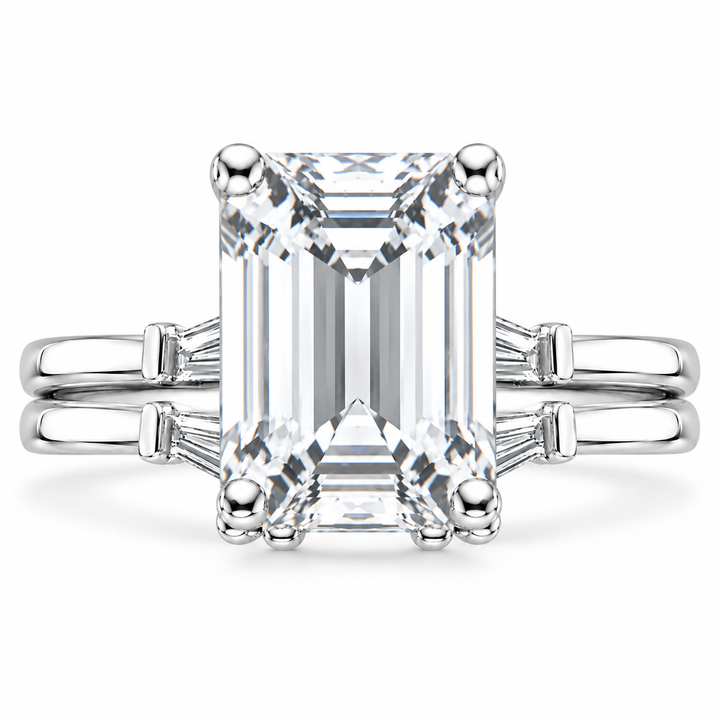 7 CT Emerald Cut Lab-Grown Diamond Tapered Baguette 2PCS Bridal Set in 14K White Gold – Bar-Set Elegant Wedding Ring Design