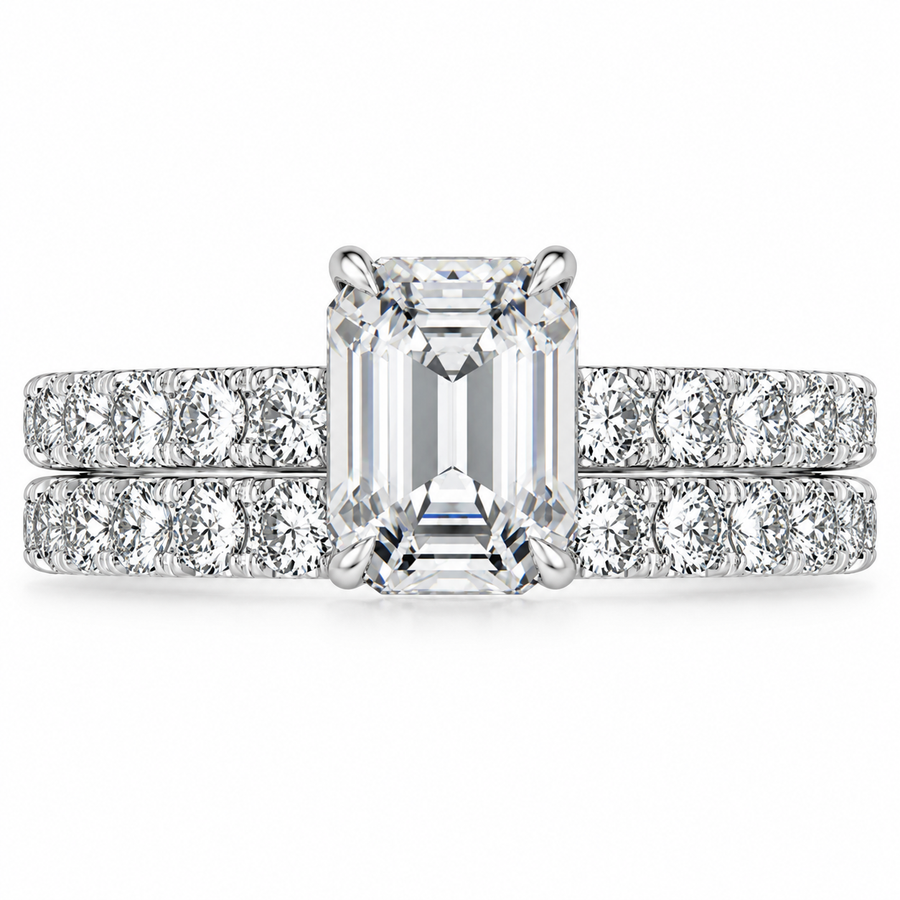 4 CT Emerald Cut Anthology Lab-Grown Diamond 2PCS Bridal Set in 14K White Gold – French Pavé Wedding Ring Design
