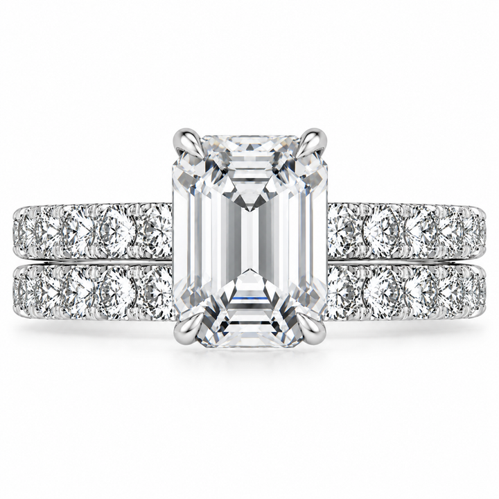 5 CT Emerald Cut Anthology Lab-Grown Diamond 2PCS Bridal Set in 14K White Gold – French Pavé Wedding Ring Design