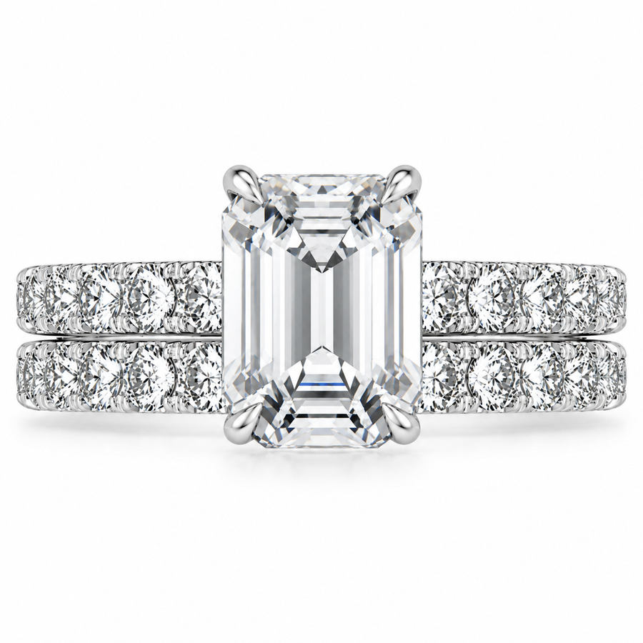 5 CT Emerald Cut Anthology Lab-Grown Diamond 2PCS Bridal Set in 14K White Gold – French Pavé Wedding Ring Design