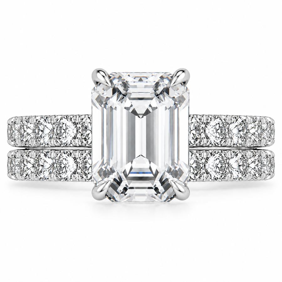 6 CT Emerald Cut Anthology Lab-Grown Diamond 2PCS Bridal Set in 14K White Gold – French Pavé Wedding Ring Design