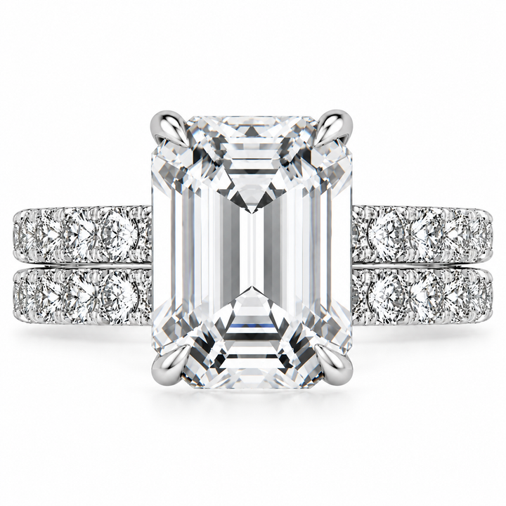 7 CT Emerald Cut Anthology Lab-Grown Diamond 2PCS Bridal Set in 14K White Gold – French Pavé Wedding Ring Design