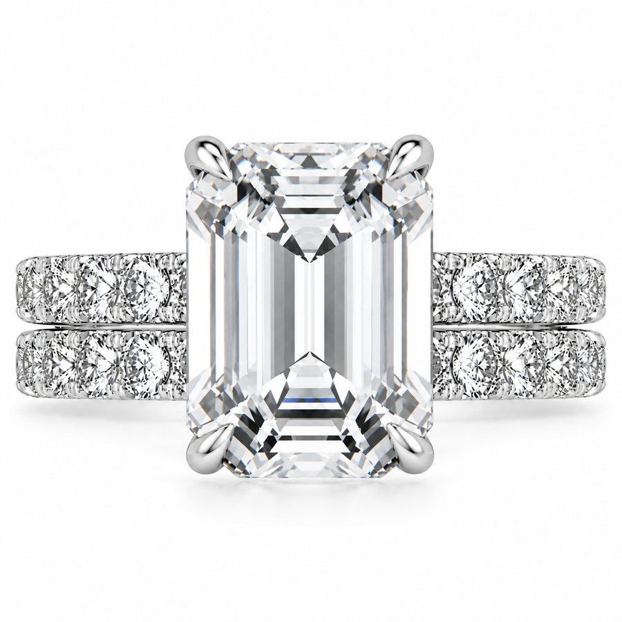 7 CT Emerald Cut Anthology Lab-Grown Diamond 2PCS Bridal Set in 14K White Gold – French Pavé Wedding Ring Design