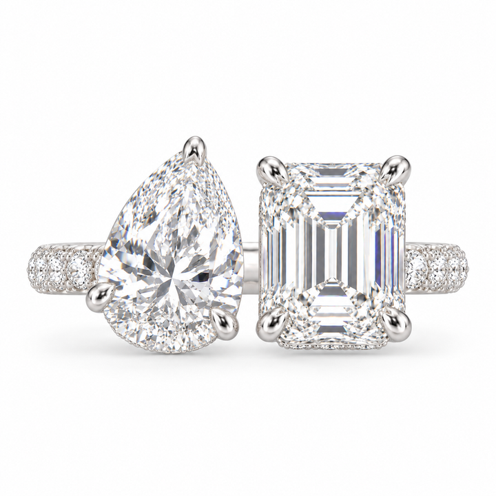 5 CT Pear & Emerald Cut Lab-Grown Diamond Toi et Moi Engagement Ring with Hidden Halo & Pavé Setting