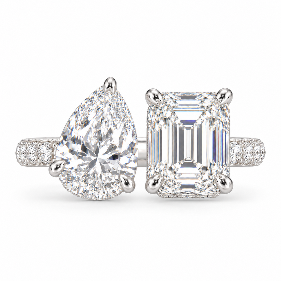5 CT Pear & Emerald Cut Lab-Grown Diamond Toi et Moi Engagement Ring with Hidden Halo & Pavé Setting