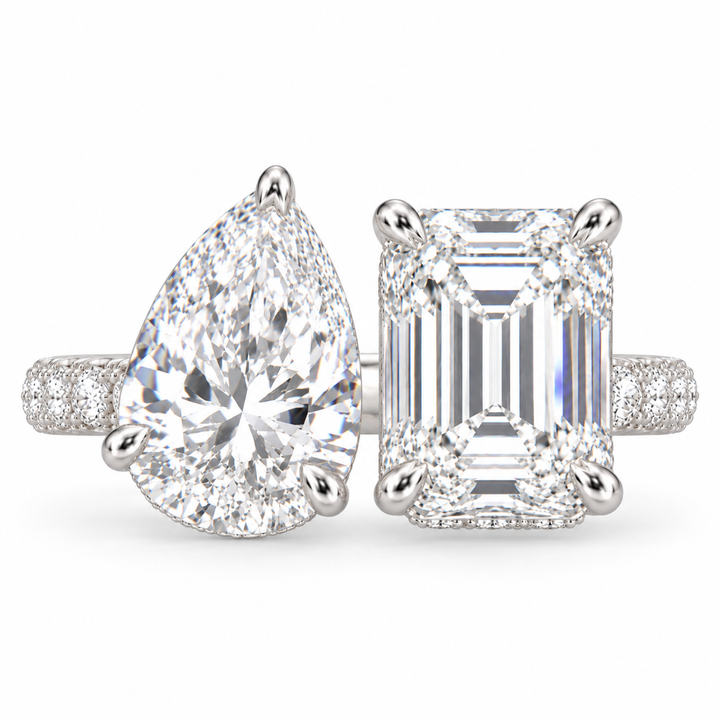 6 CT Pear & Emerald Cut Lab-Grown Diamond Toi et Moi Engagement Ring with Hidden Halo & Pavé Setting