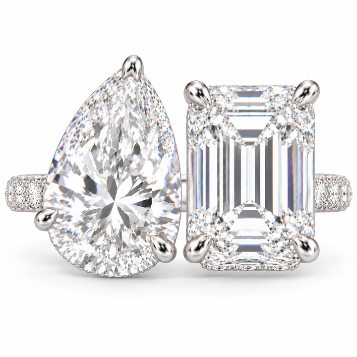 7 CT Pear & Emerald Cut Lab-Grown Diamond Toi et Moi Engagement Ring with Hidden Halo & Pavé Setting