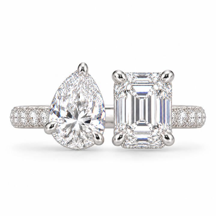 4 CT Pear & Emerald Cut Lab-Grown Diamond Toi et Moi Engagement Ring with Hidden Halo & Pavé Setting