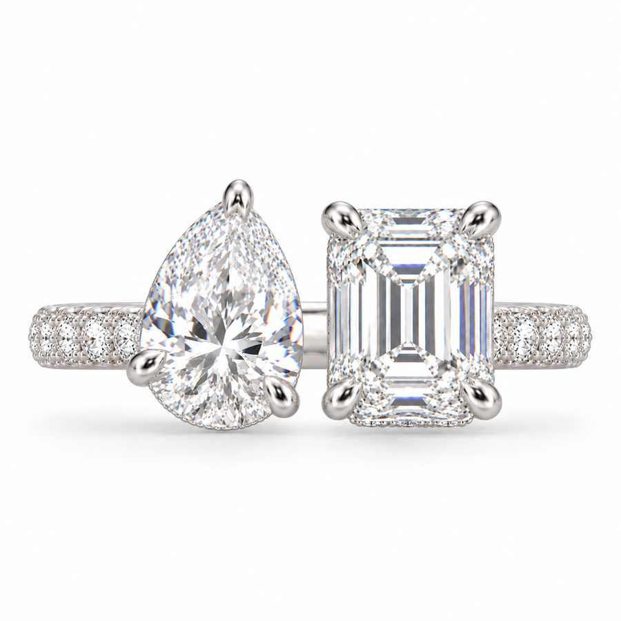 4 CT Pear & Emerald Cut Lab-Grown Diamond Toi et Moi Engagement Ring with Hidden Halo & Pavé Setting