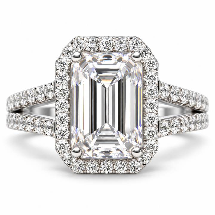 4 CT Emerald Cut Lab-Grown Diamond Split Shank Halo Engagement Ring
