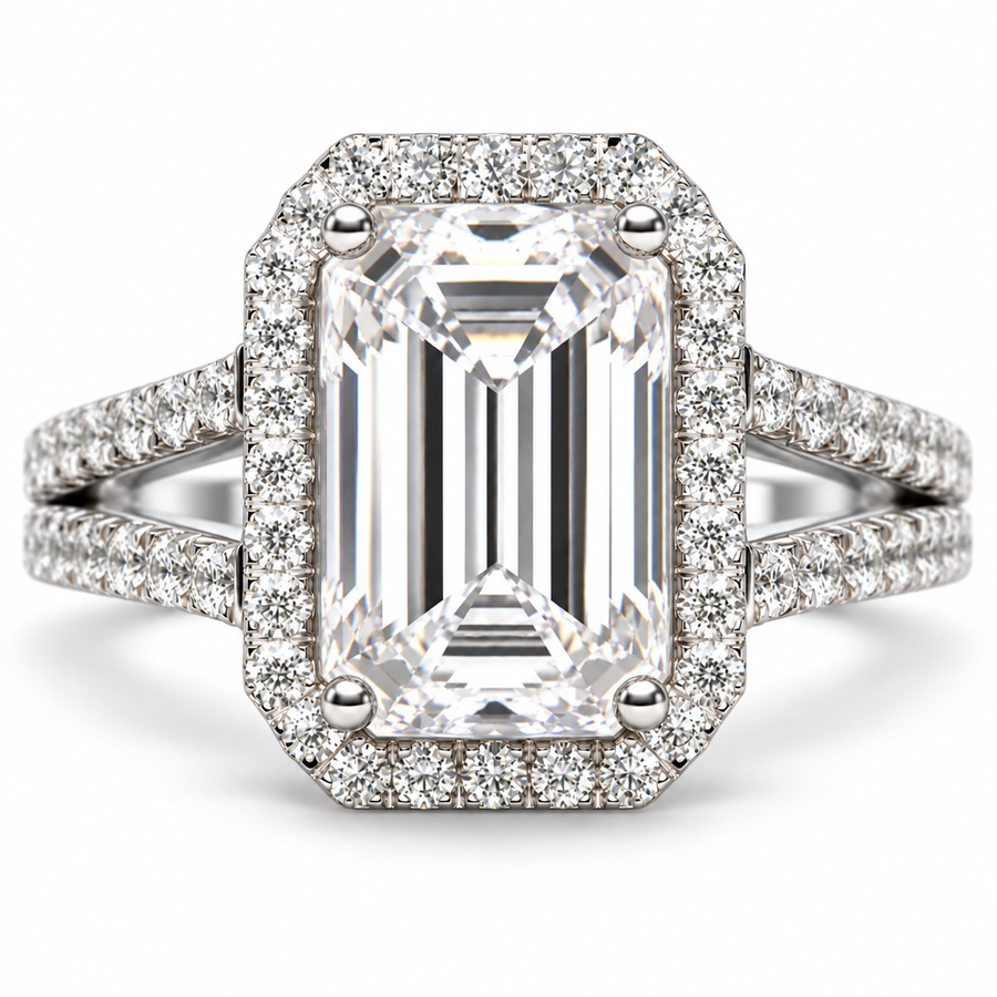 5 CT Emerald Cut Lab-Grown Diamond Split Shank Halo Engagement Ring