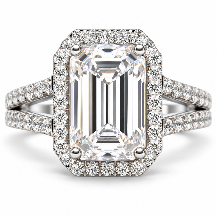 6 CT Emerald Cut Lab-Grown Diamond Split Shank Halo Engagement Ring