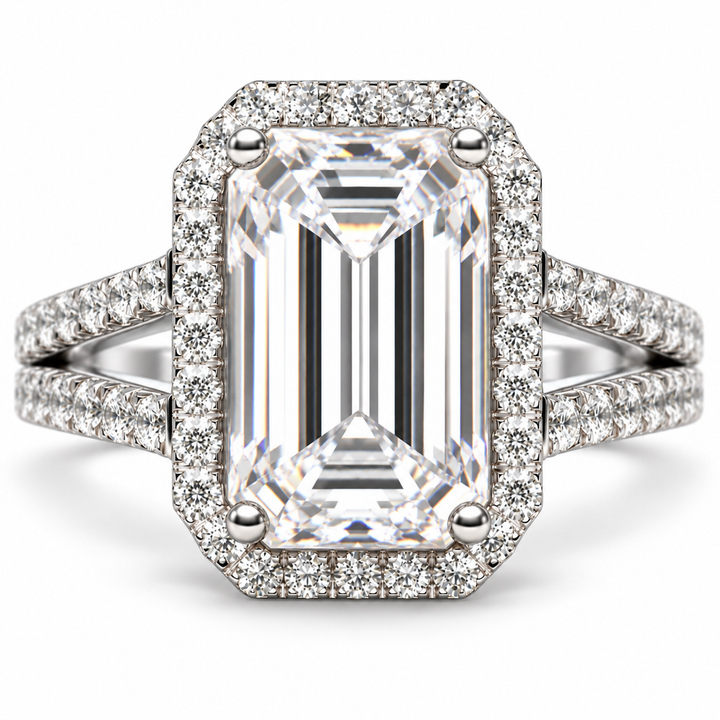 7 CT Emerald Cut Lab-Grown Diamond Split Shank Halo Engagement Ring