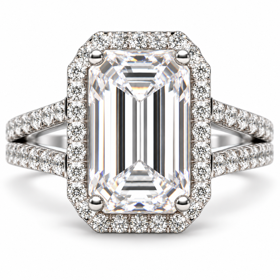 7 CT Emerald Cut Lab-Grown Diamond Split Shank Halo Engagement Ring