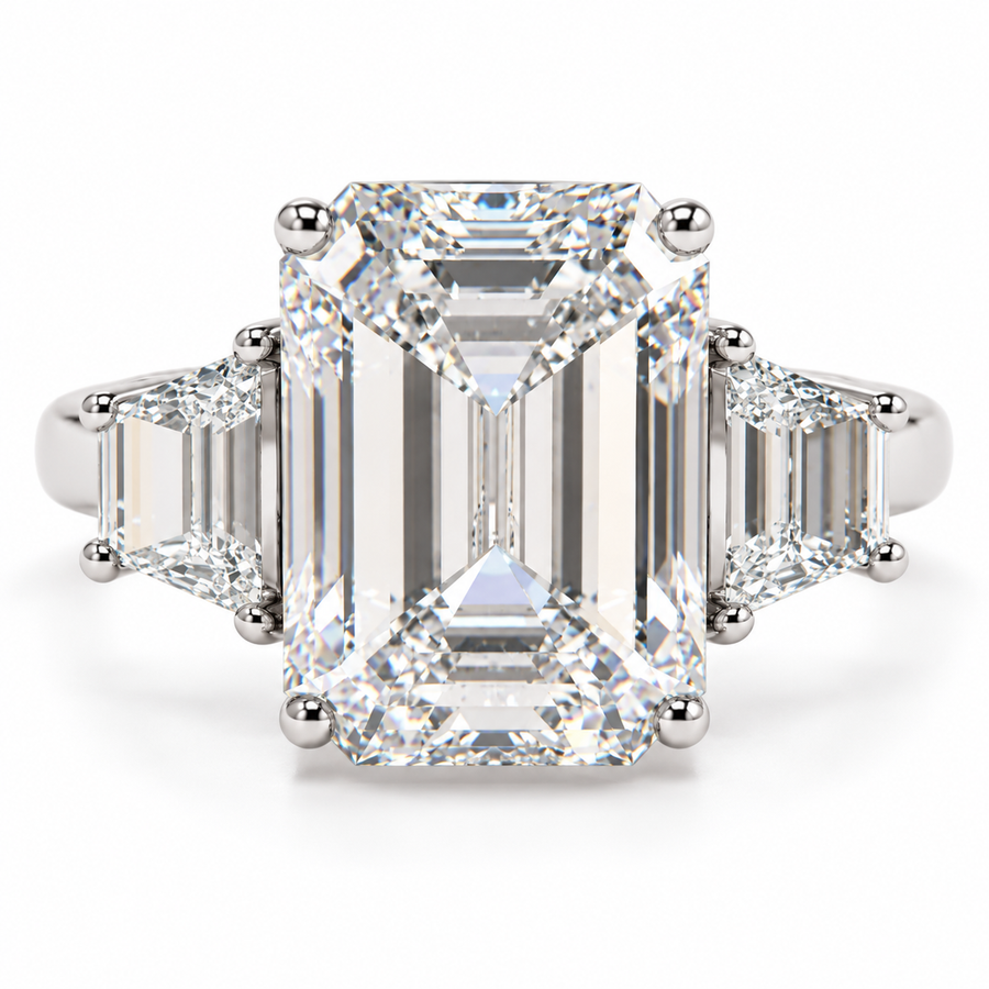 5 CT Emerald Cut Lab-Grown Diamond Three Stone Engagement Ring, D–F Color, VS1–VS2 Clarity, IGI Certified, 14K White Gold with Radiant Side Diamonds