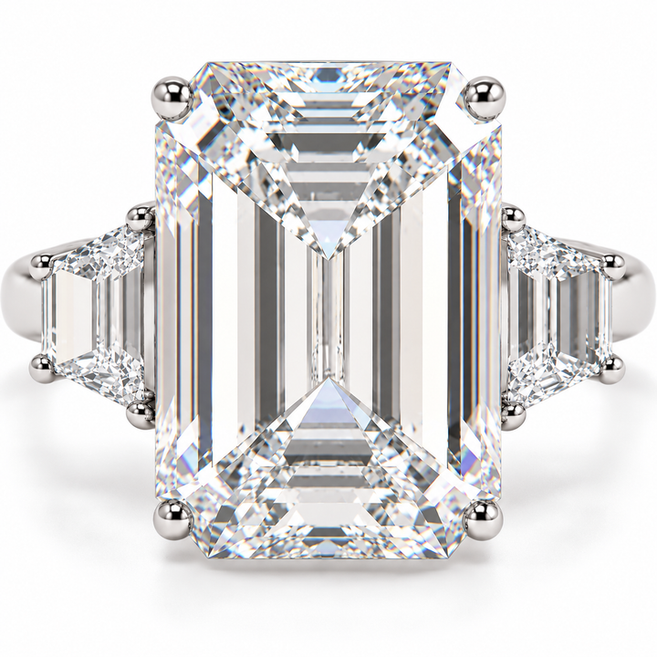 7 CT Emerald Cut Lab-Grown Diamond Three Stone Engagement Ring, D–F Color, VS1–VS2 Clarity, IGI Certified, 14K White Gold with Radiant Side Diamonds
