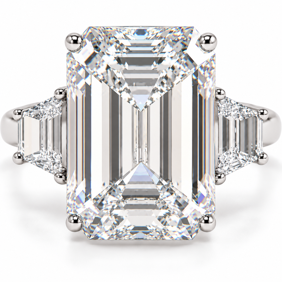 7 CT Emerald Cut Lab-Grown Diamond Three Stone Engagement Ring, D–F Color, VS1–VS2 Clarity, IGI Certified, 14K White Gold with Radiant Side Diamonds