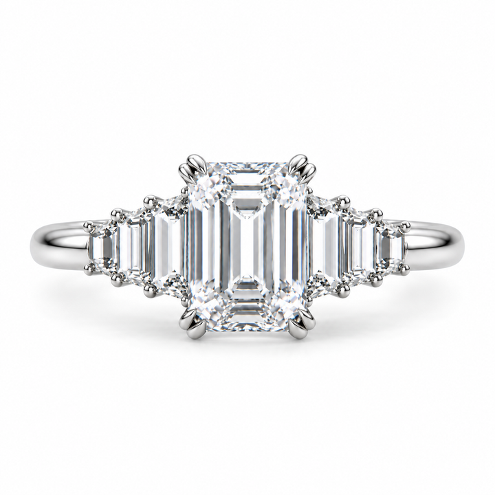4 CT Emerald Cut Lab-Grown Diamond Cluster Engagement Ring, D–F Color, VS1–VS2 Clarity, IGI Certified, 14K White Gold with Baguette Side Diamonds