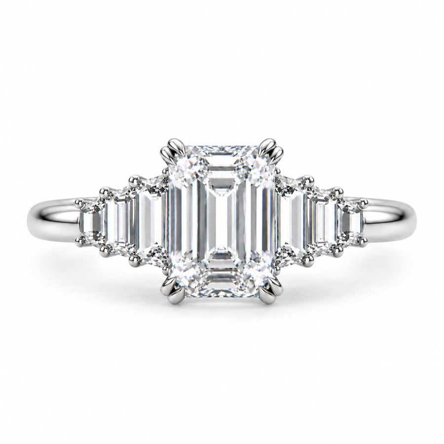 4 CT Emerald Cut Lab-Grown Diamond Cluster Engagement Ring, D–F Color, VS1–VS2 Clarity, IGI Certified, 14K White Gold with Baguette Side Diamonds