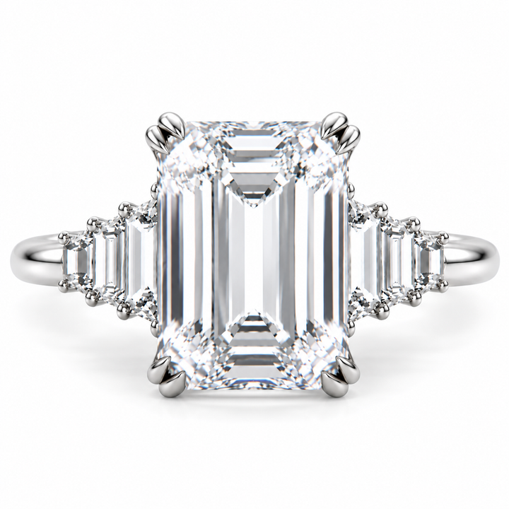 7 CT Emerald Cut Lab-Grown Diamond Cluster Engagement Ring, D–F Color, VS1–VS2 Clarity, IGI Certified, 14K White Gold with Baguette Side Diamonds