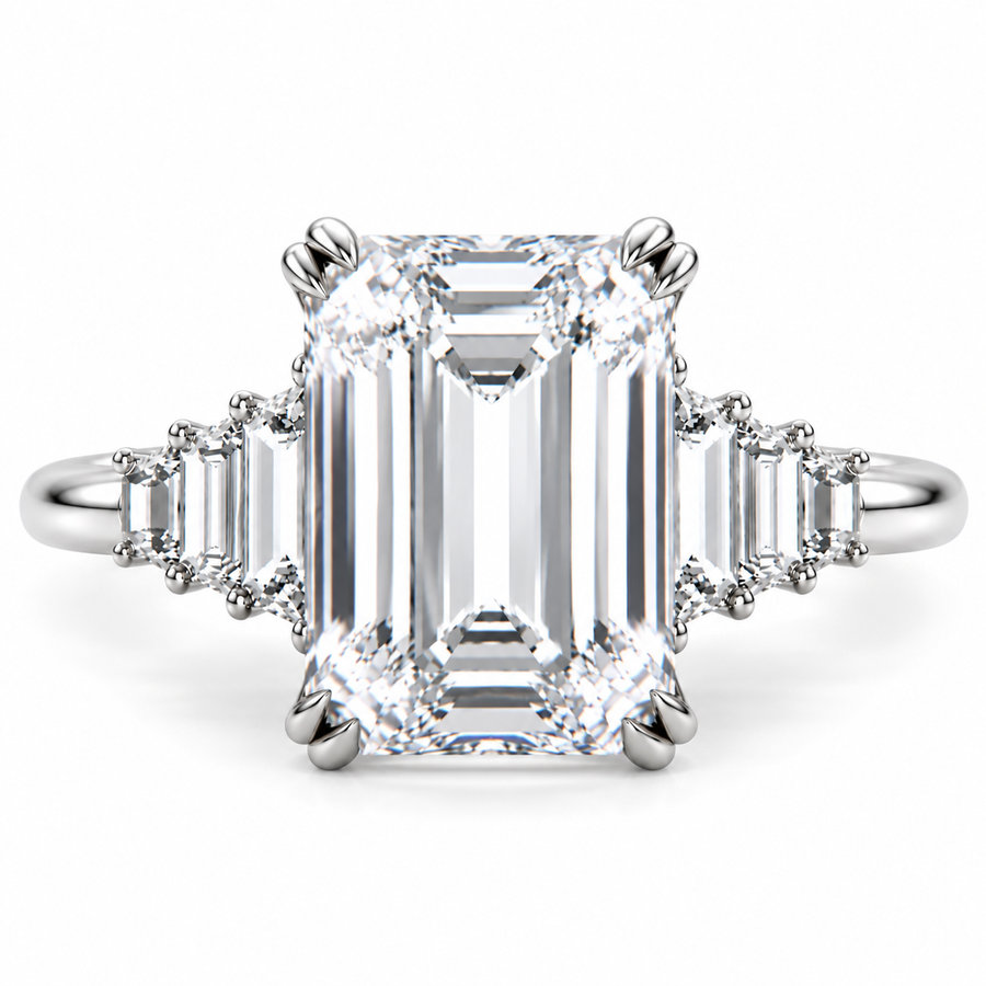 7 CT Emerald Cut Lab-Grown Diamond Cluster Engagement Ring, D–F Color, VS1–VS2 Clarity, IGI Certified, 14K White Gold with Baguette Side Diamonds